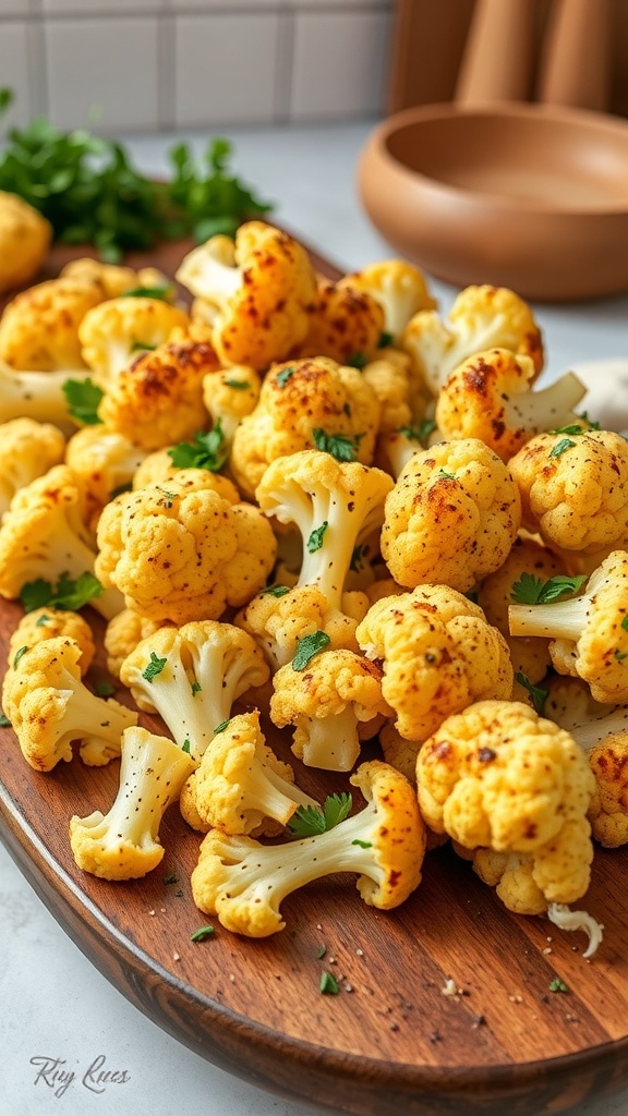 Roasted cauliflower florets seasoned with spices and garnished with fresh herbs on a wooden platter.